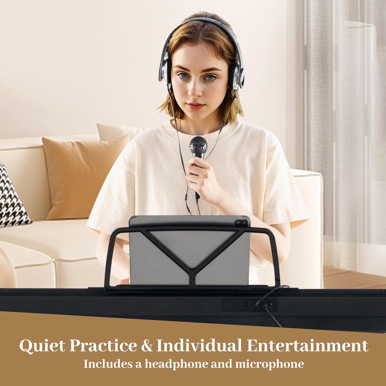 HONEY JOY 61 Key Keyboard Piano, Electric Piano Keyboard Kit with 300 Tones, 300 Rhythms, Piano Stand, Bench, Headphone/Microphone, Built-In Speakers, Keyboard Piano for Beginners, Black