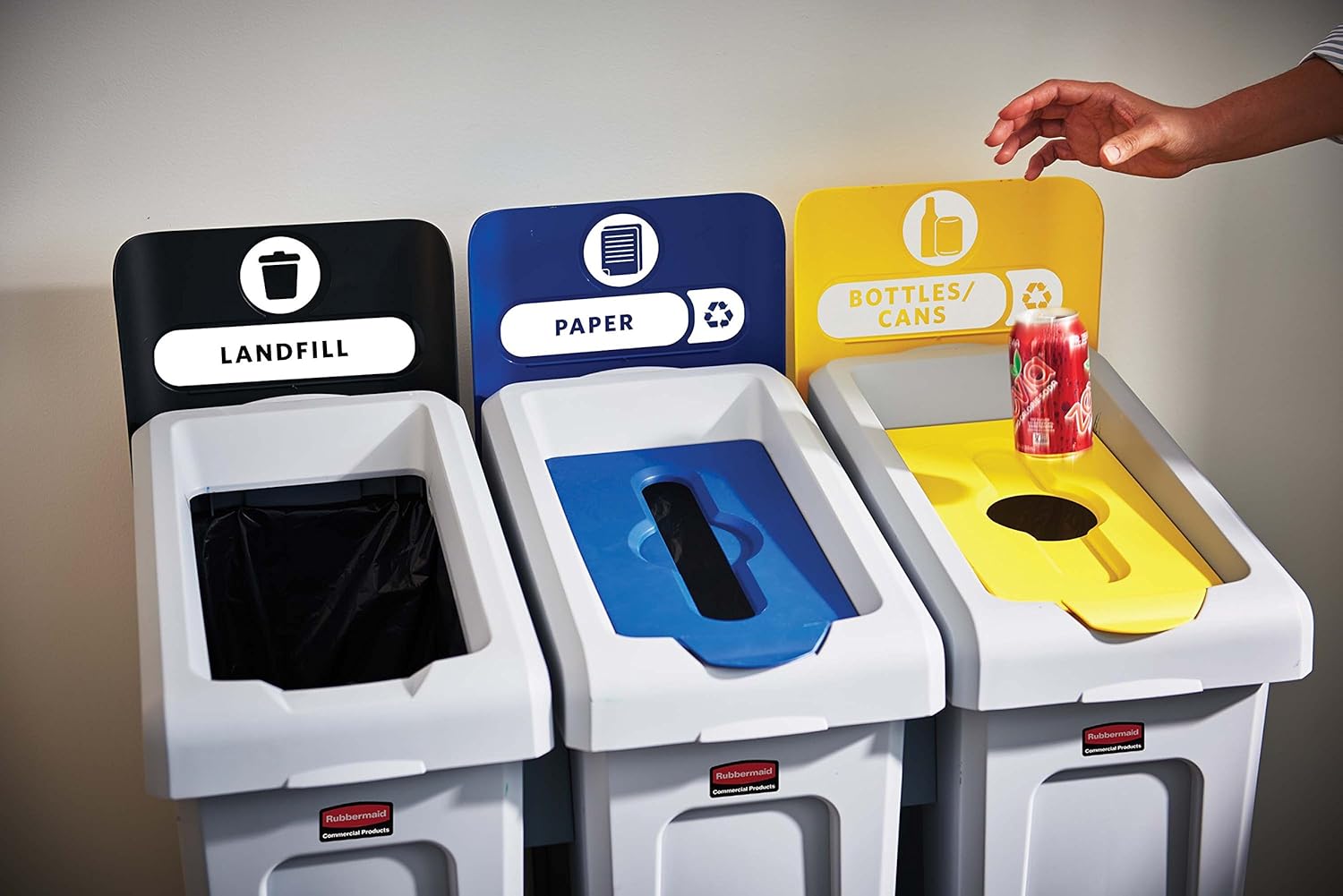Rubbermaid Commercial Products Slim Jim Recycling Station, 3 Stream Landfill/Paper/Bottles Cans