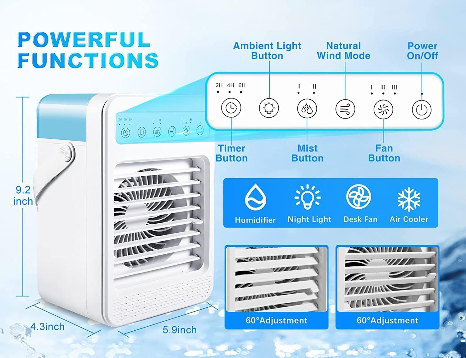 Portable Air Conditioners, Mini Air Conditioner Personal Evaporative Air Cooler with 4 Speeds 7 Colors, 600ML Portable Ac Unit Fan 2 Cool Mist Cooling Fan for Room Office Car