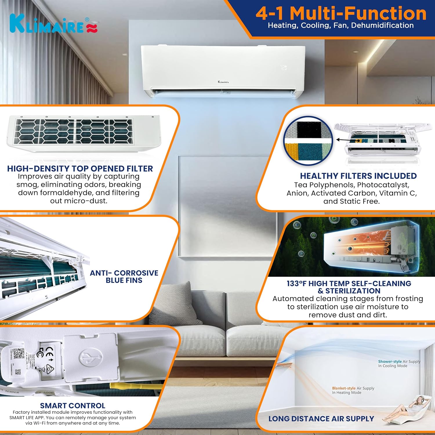 Klimaire 12,000 BTU 23 SEER2 Wall Mounted Ductless Mini Split Inverter A/C Heat Pump System w/ 16’ Installation Kit & Wall Mounting Bracket 230V