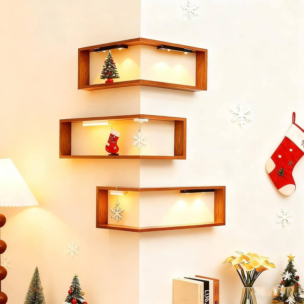 Smart Corner Shelves That Light up Your Space, Illuminated Corner Shelf, Wooden Wall-Mounted Display, Space-Saving，Floating Storage Shelves, for Figurines and Collectibles(3pc-(with Light*6))