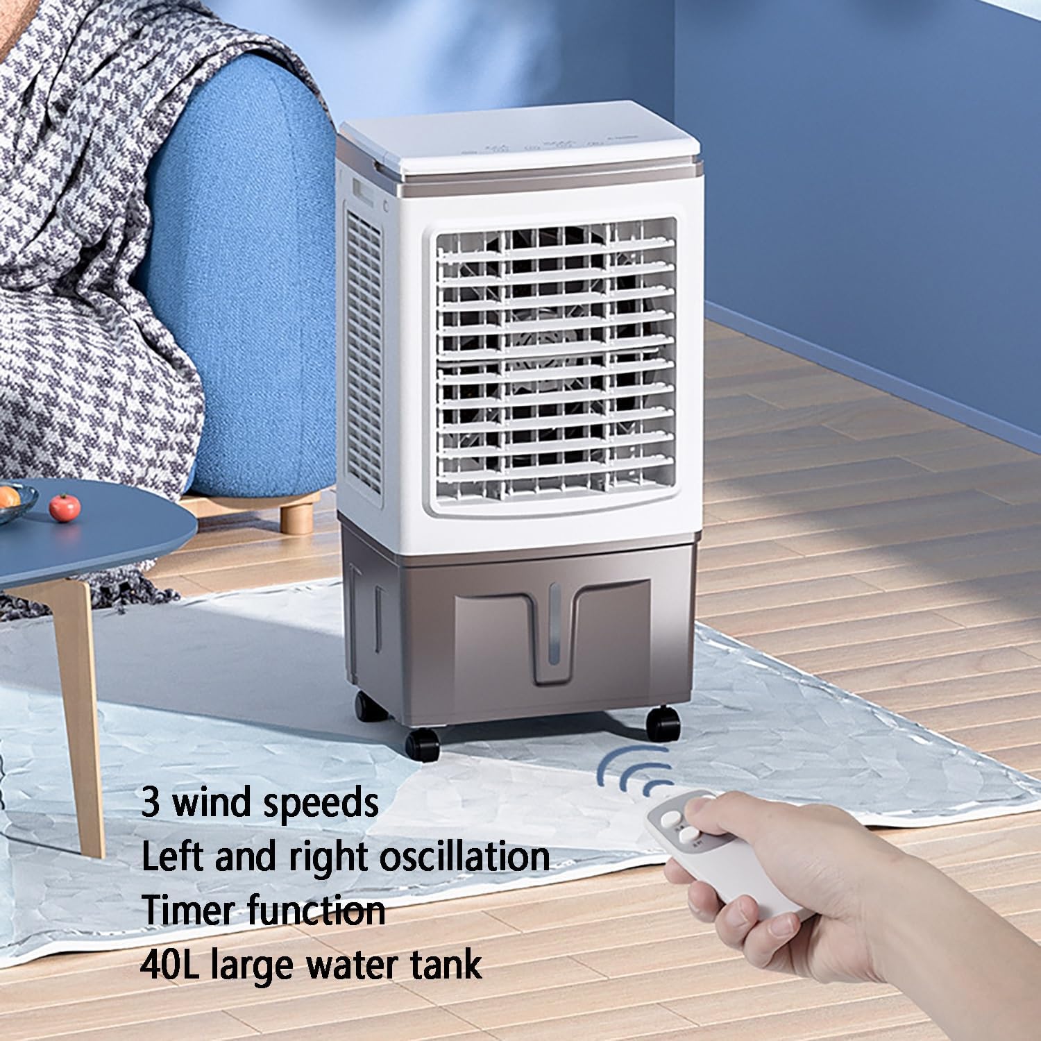 Misting Fan/Evaporative Air Cooler/Cooling Fan/Swamp Cooler with 40L Tank,3 Speeds with Remote Control,7.5h Timer with Universal Pulley,Portable Air Conditioners for Bedroom,Living Room,Office
