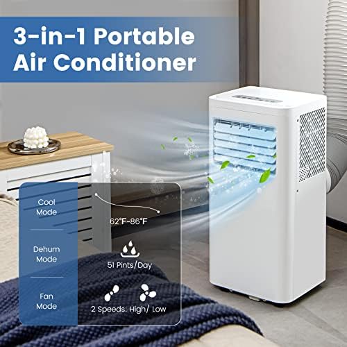 GOFLAME 3-in-1 Portable Air Conditioner, 10000 BTU AC Unit w/Fan & Dehumidifier, Quiet AC w/1-24H Timer, LED Display, 2 Fan Speeds, 4 Wheels, Remote Control, Exhaust Hose, White