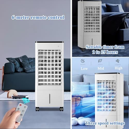 Portable Air Conditioner - 3-in-1 Evaporative Cooler with Remote Control, 15-Hour Timer, Water Tank, and Rolling Casters for Home, Office, and Bedroom Use - White