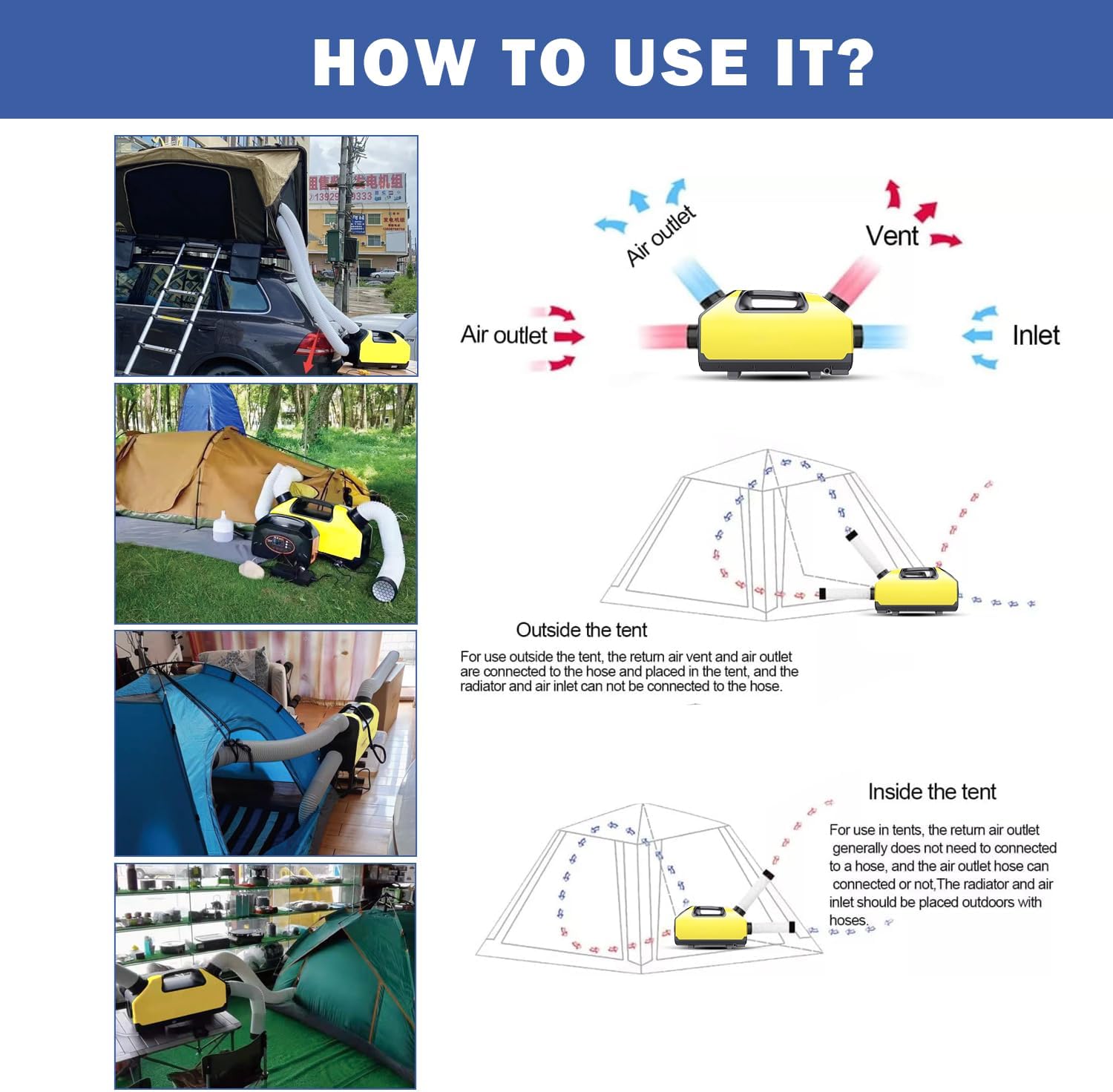 DC 24v Tent Air Conditioner Portable Air conditioner Cooling AC Unit for Outdoor Camping Tent Van RV Camper Motorhome Truck Trailer SUV Car New energy (Yellow)