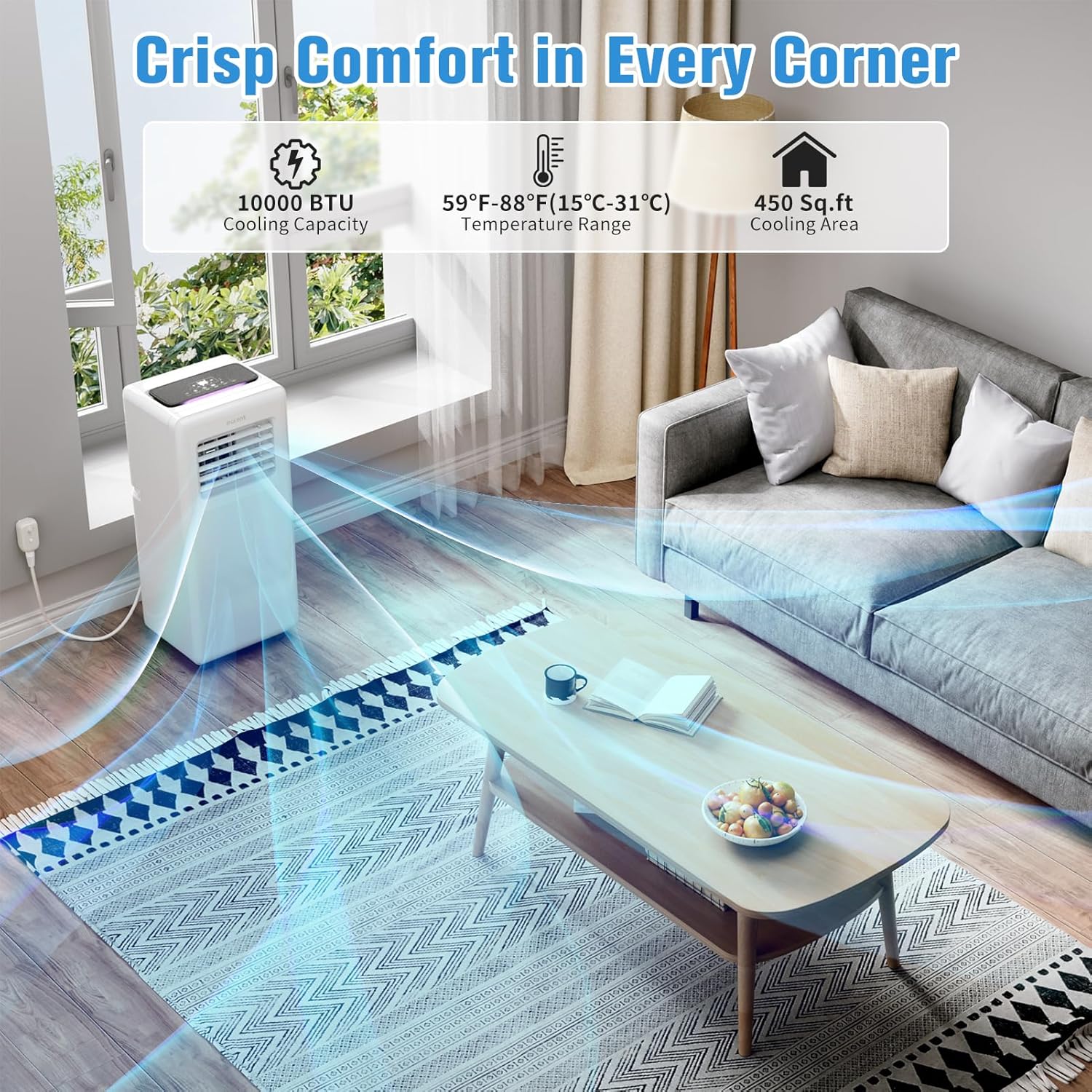 JINJUNYE Portable Air Conditioners 10,000 BTU 4-In-1 with 7 Color LED Light, Portable AC Unit Dry, Fan, Sleep Mode, Cool Up to 450 Sq.Ft, 24H Timer, Window Kit (Battery not Included)