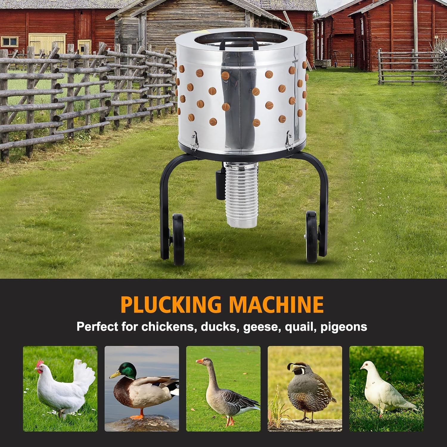 Chicken Plucker Machine, 20-Inch Stainless Steel Drum Poultry Feather with 106 Soft Rubber Plucking Fingers,550w Poultry Plucker with Wheels for Farms, Restaurants, Home