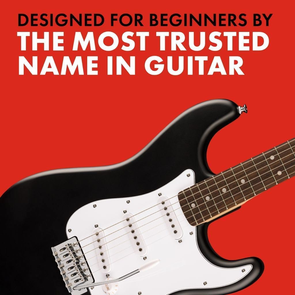 Fender Squier Debut Series Stratocaster Electric Guitar, Beginner Guitar, Black with Matte Finish + Fender Mustang Micro Headphone Amplifier