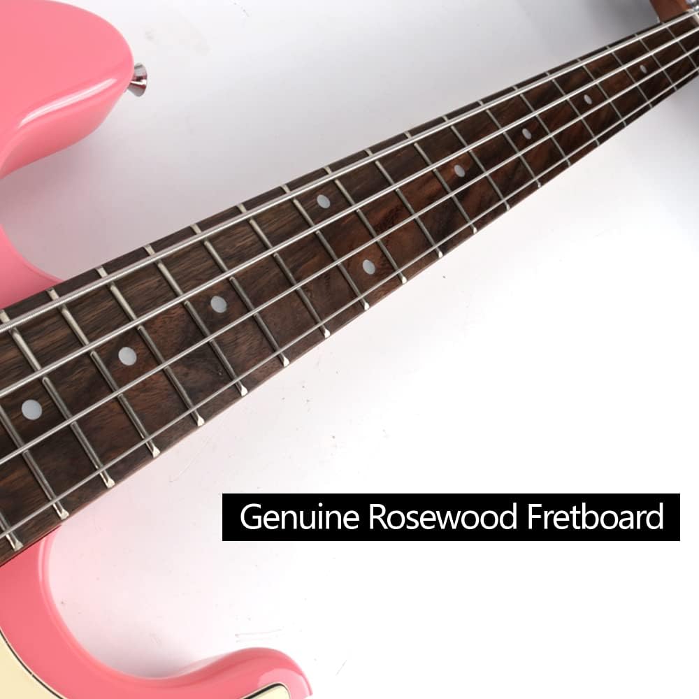 Fojill Full Size Standard Electric Bass Guitar Four 4 String Right Hand Handed Basswood Body Roasted Canadian Maple Neck Genuine Rosewood Fretboard Fingerboard with Gig Bag (Pink)