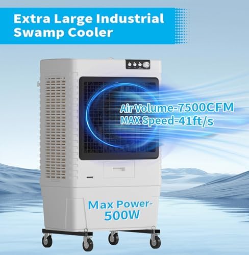 TABU 7500 CFM Swamp Cooler Air Conditioner, Evaporative Air Cooler with 21.1 Gal Water Tank, 3 Speeds, 120°Oscillation, Ice Packs, Outdoor Air Conditioner for Garage, Patio, Yard, Factory