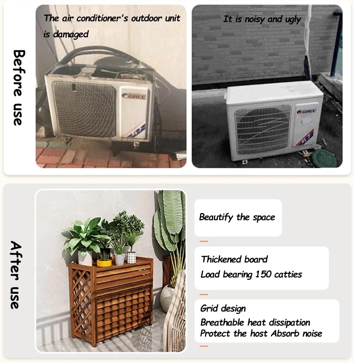 Air Conditioner Fence Screen AC Covers Outdoor Protective Grilles Wooden Plant Display Rack Weather Resistant Space Divider Shutters Decoration Cover For Outside Unit(Brown,L115cm*W54cm*H95cm)