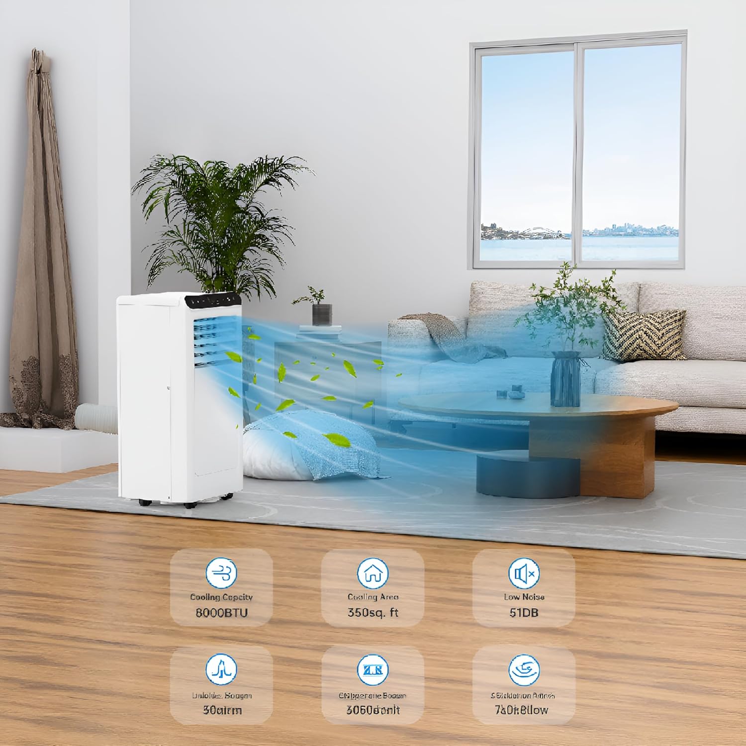 8,000 BTU Portable Air Conditioner, 3-in-1 AC Unit with Fan & Dehumidifier, Cools Up to 350 Sq.ft, Remote Control, 24H Timer, Auto Swing, Quiet Portable AC for Bedroom/Living Room/Office, Black