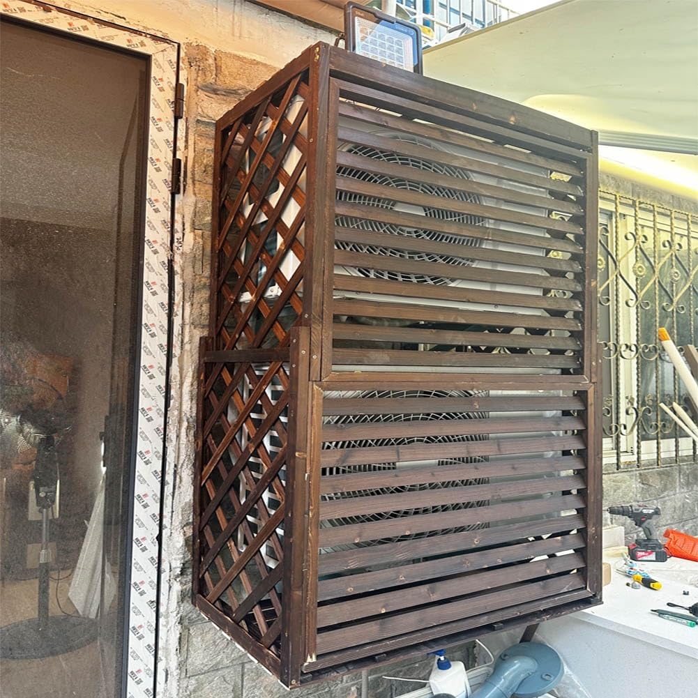 Hide Air Conditioner Cover For Outside Unit Freestanding Privacy Fence Protective Grilles Louvered Plant Stand Brown (Size : L85 X W35 X H75cm)