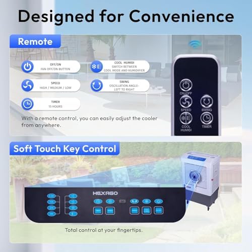 Hexago 5000 CFM Evaporative Air Cooler with Mist, 3-Speed Swamp Cooler, Remote & 15H Timer, 13.2 Gal Tank, Water Shortage Alert, 9FT Cord, ETL Listed for Indoor/Outdoor, Patio & Garage