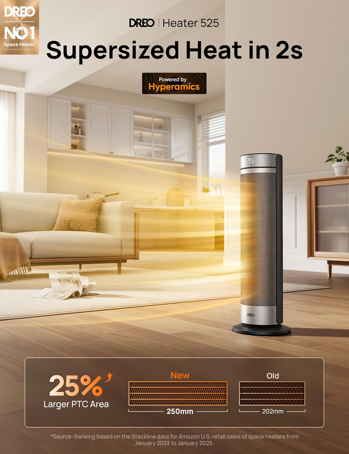 Dreo Space Heater for Large Room, 23 Inch Electric Heaters for Indoor Use, 8 Safe Protection Tower, 70° Oscillation, PTC Ceramic with Thermostat and Remote, Quiet, 12H Timer, Bedroom, Office