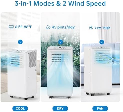 Portable Air Conditioners, 8,000 BTU Air Conditioner for Bedroom with Fast Cooling, 54dB Quiet, Remote Control, 24h Timer with Dehumidifier, Smart AC Unit for Indoor Rooms, White