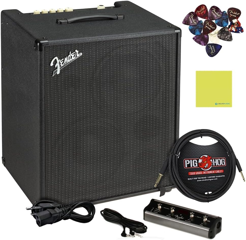 Fender Rumble Stage 800 Bass Guitar Amp 120V, Black Bundle with Pig Hog PCH10BK 10ft Black Woven Instrument Cable, Foot Switch, Power Cable, 12x Fender Guitar Picks and Instrument Polishing Cloth