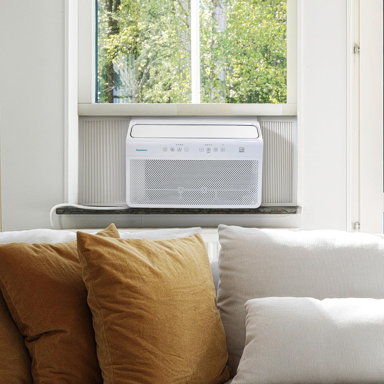 Keystone Energy Star 8,000 BTU Window Mounted Inverter Air Conditioner with Supplemental Heat, Quiet High Efficiency Window AC Unit with Remote for Apartment, Medium Rooms up to 350-Sq. Ft.