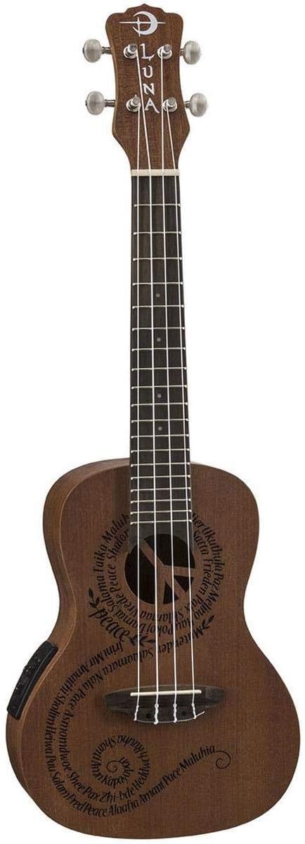 Luna Maluhia Peace Concert Acoustic/Electric Ukulele with Preamp & Gig Bag, Satin Natural