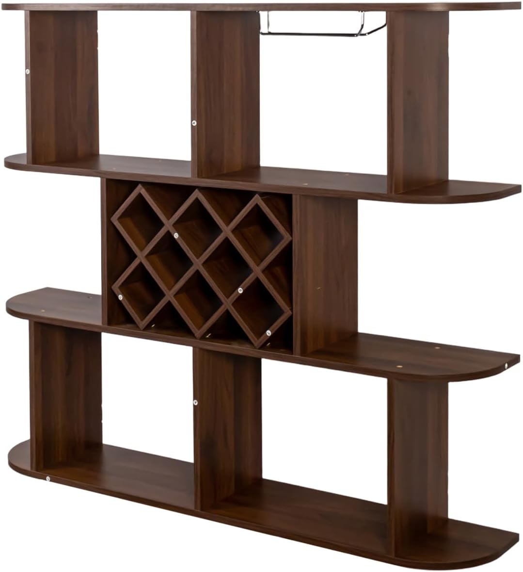 Large Wall Mounted 3 Tier Rustic Bottle Wine Rack Walnut Multifunctional Wooden Wall Mounted Wine Rack with Wine Glass Holder Home Dining Room Decor Elegant Home Decor