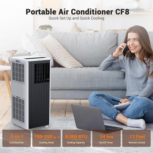 Portable Air Conditioner 8000 BTU with Remote, Cools Up to 350 Sq Ft, 3-in-1 AC Unit with Fan & Dehumidifier, Energy Efficient, LED Panel, Sleep Mode, 24H Timer for Bedroom Office Dorm