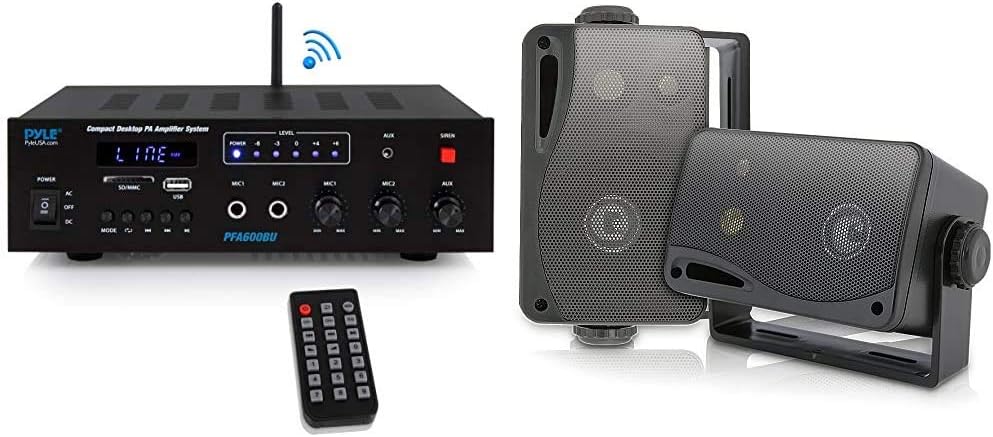 PYLE Wireless Bluetooth Karaoke Amplifier Home Car Bus Tours 300 Watts 2 Channel Digital Home Audio PA Receiver System and 3.5 Inch 200 Watt Waterproof Marine Grade Mount Speakers