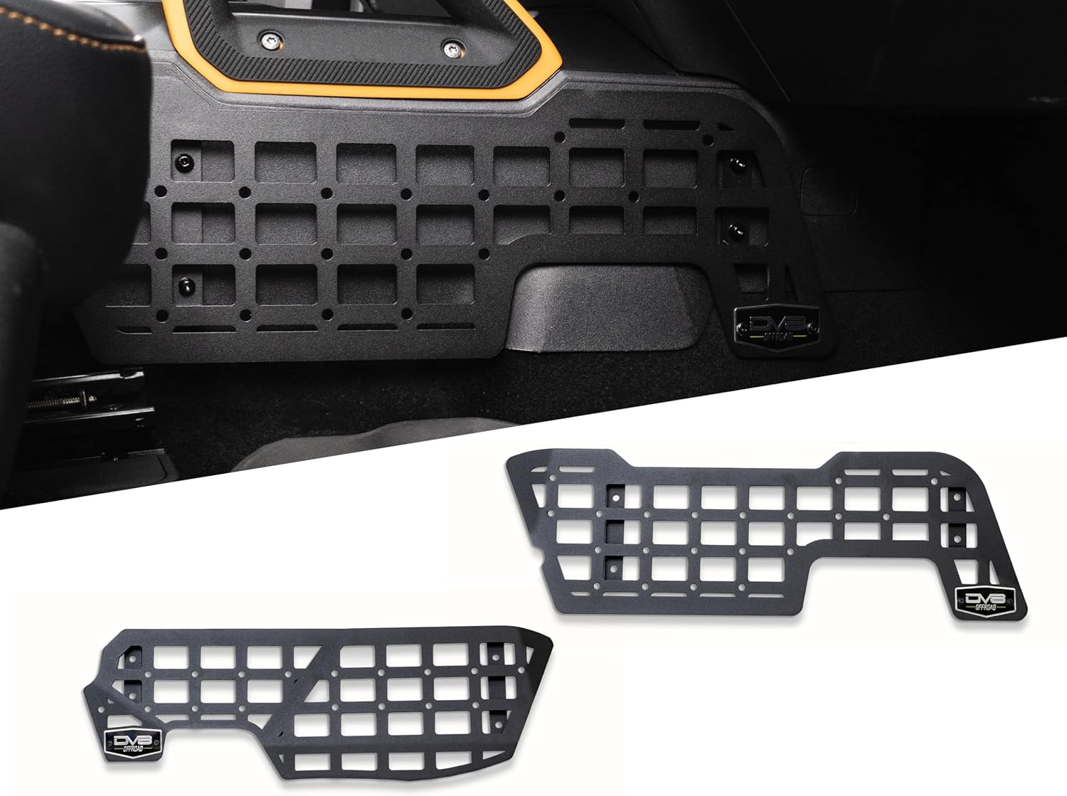 DV8's Center Console Molle Panels for 2021-2025 Ford Bronco | Mounts Quick Access Gear & Accessories | Durable Steel Construction | Black Powder Coat Finish | Driver & Passenger Side Panels Included