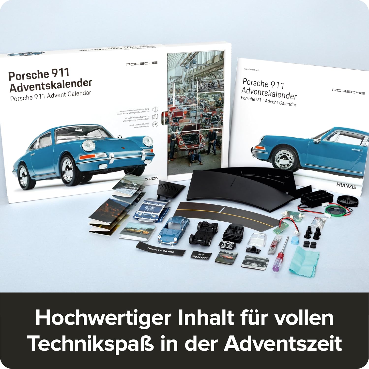 FRANZIS Porsche 911 67664 Advent Calendar Model Kit 1:43 Scale Includes Sound Module and 52 Page Accompaniment Book