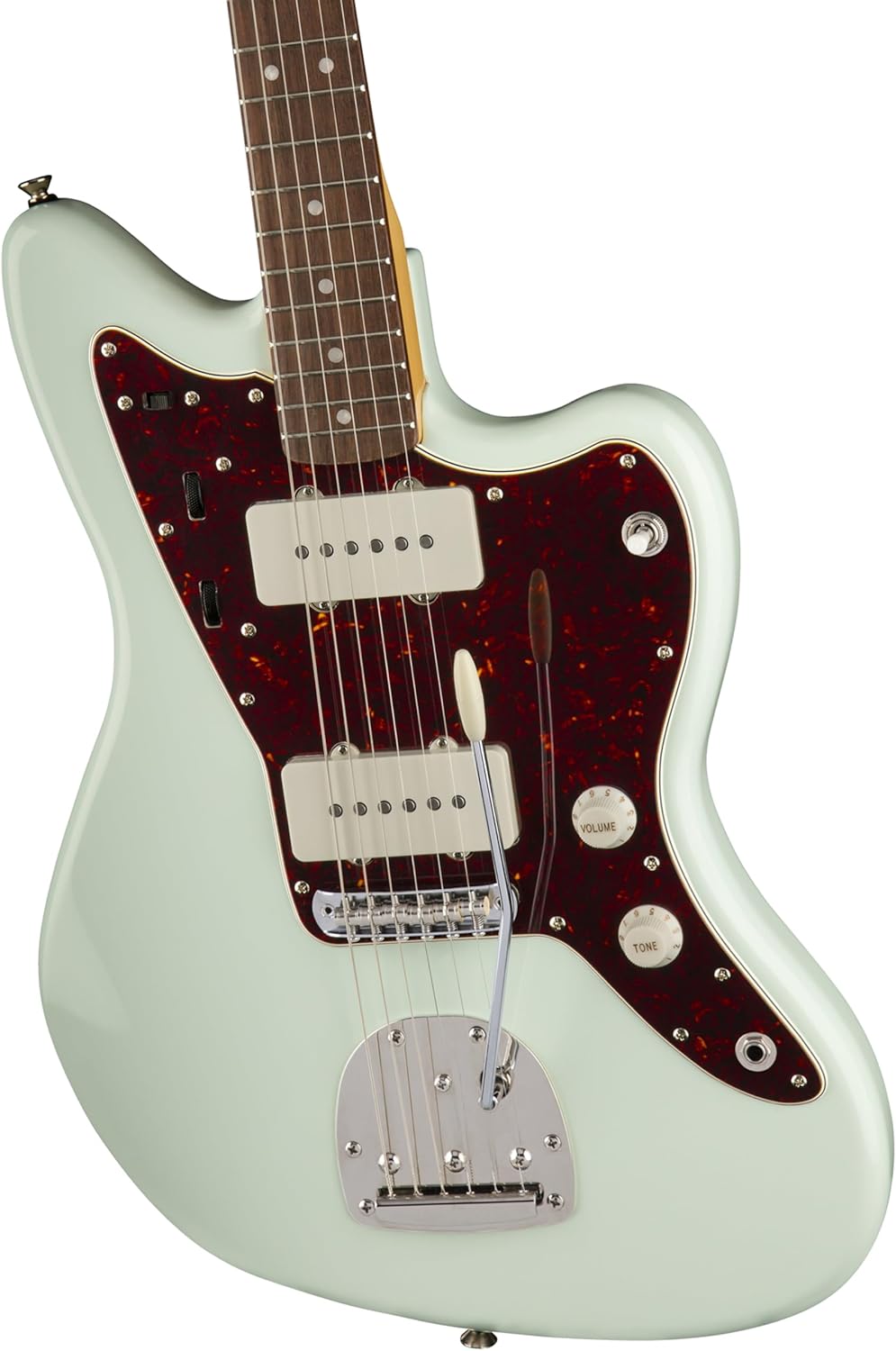 Squier Classic Vibe '60s Jazzmaster Electric Guitar Sonic Blue Bundle with 12x Guitar Picks & Polishing Cloth – Laurel Fingerboard, Vintage-Style Tremolo, Alnico Single-Coil Pickups