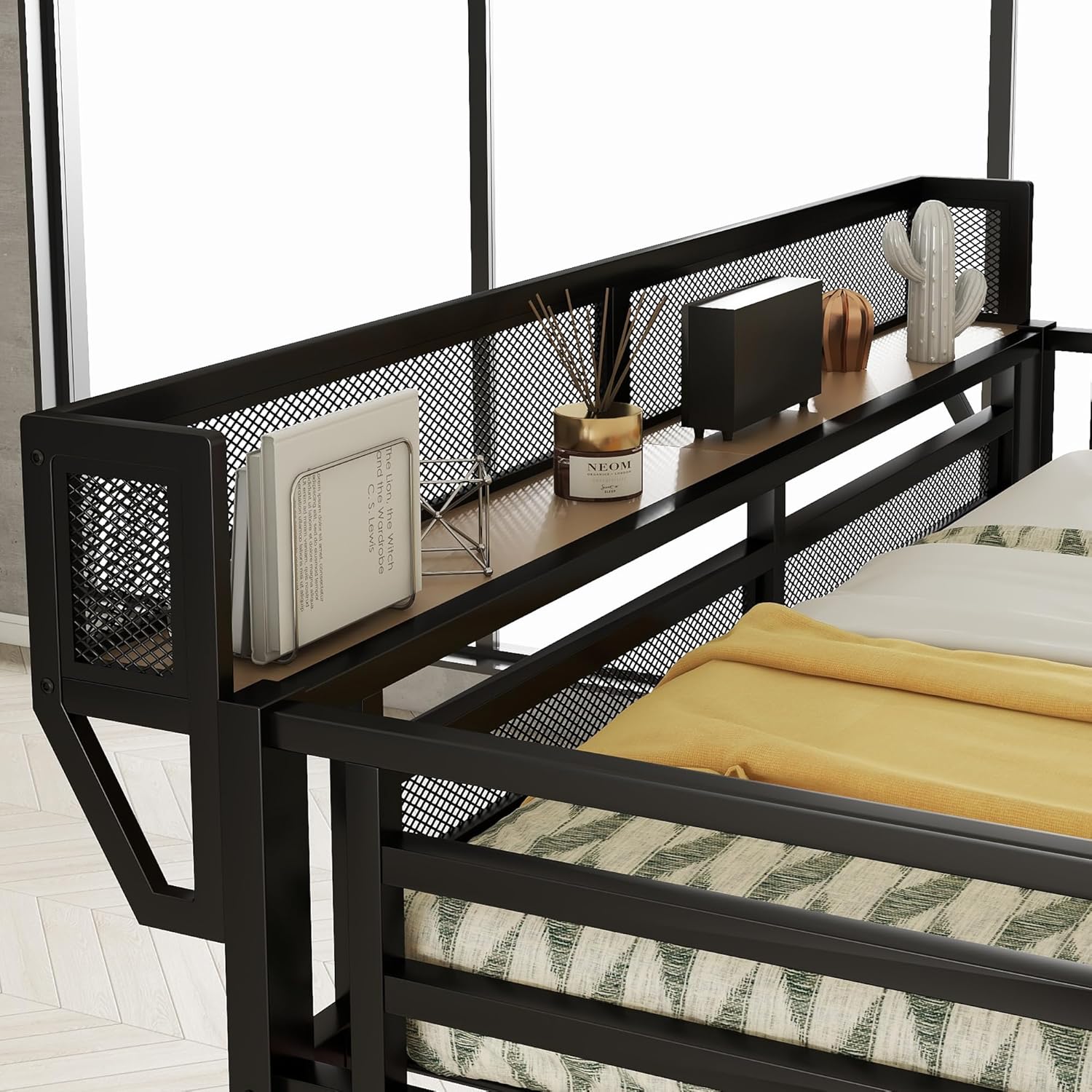 Full Size Metal Loft Bed (Black) - Patent Product | Desk+Charging Station (2 Outlets/2 USB), Staircase Storage+Wardrobe, RGB LED, Upper Mesh Shelf, 350LBS Capacity, No Box Spring