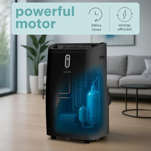 SereneLife Portable Air Conditioner, 12000 BTU Capacity (ASHRAE) Compact Home A/C Cooling Unit with Dehumidifier and Fan Modes, 380 Sq. Ft. Coverage, Includes Window Mount Kit (Black)
