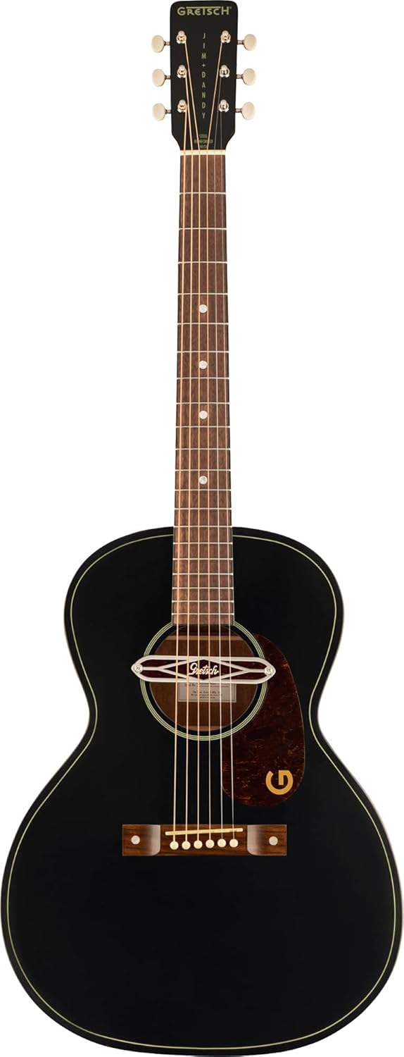 Gretsch Jim Dandy Deltoluxe Concert Acoustic-Electric Guitar - Black Top Bundle with Strings, Strap, Picks, String Winder, and Austin Bazaar Polishing Cloth