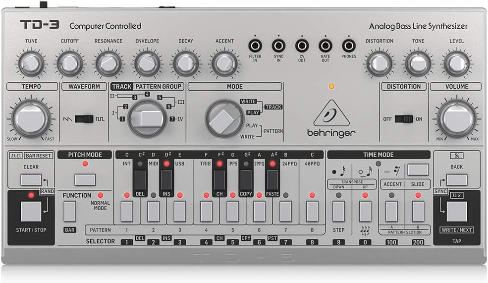 Behringer TD-3-SR Analog Bass Line Synthesizer - Silver and Hosa MID-305BK 5-Pin DIN to 5-Pin DIN MIDI Cable, 5 Feet Bundle