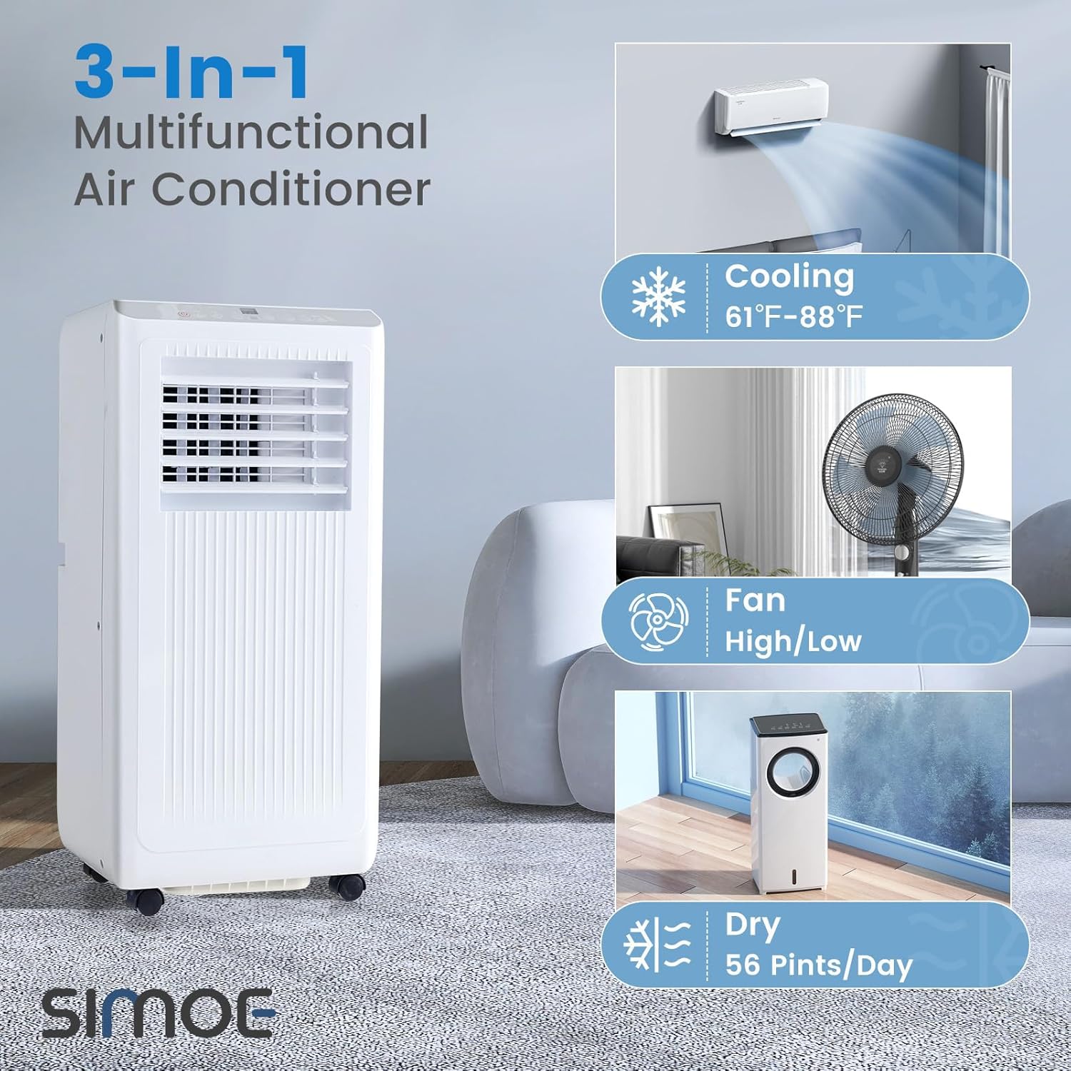 SIMOE Portable Air Conditioner, 10000 BTU Portable Ac Unit with Remote Control, Digital Display, Installation Kit, Sleep Mode, 24H Timer, AC Unit for Bedrooms Up to 350 Sq.Ft, White (10000 BTU)