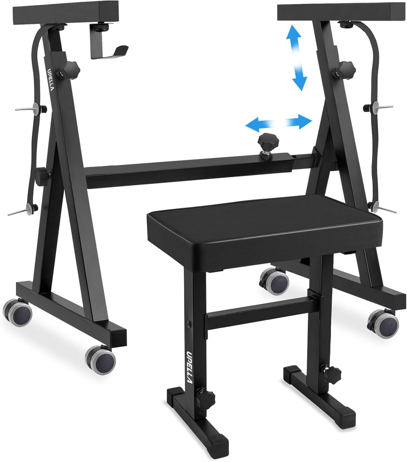 Keyboard Piano Stand, Heavy Duty with Wheels and Pads, Z Style Adjustable Portable Keyboard Stand, Fits 54, 61, 88 Key Electric Keyboards Digital Pianos (Piano Stand + Bench)