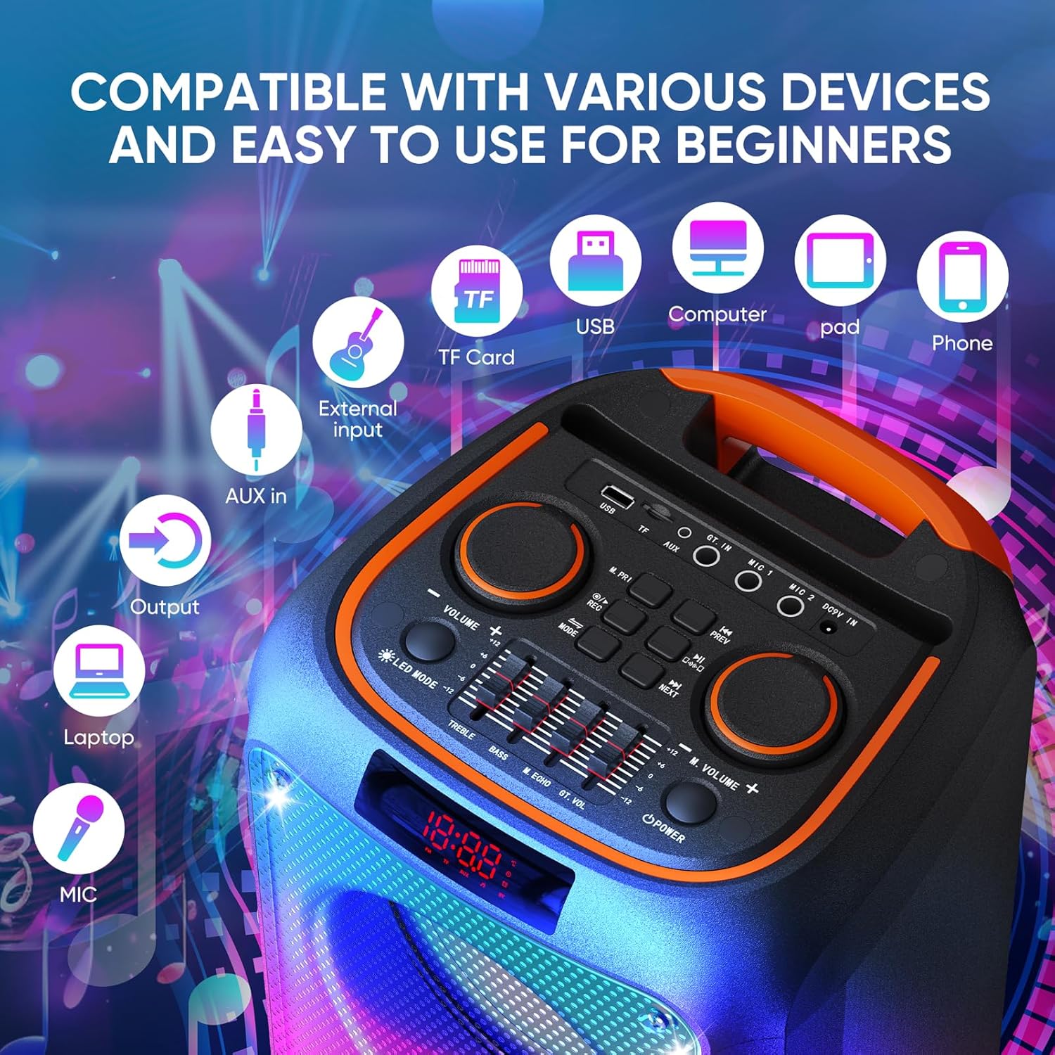 Karaoke Machine for Adults, Portable PA System Karaoke Machine Party Speaker with 2 Microphones, Supporting TF/USB/AUX, TWS & LED Mode (Black)