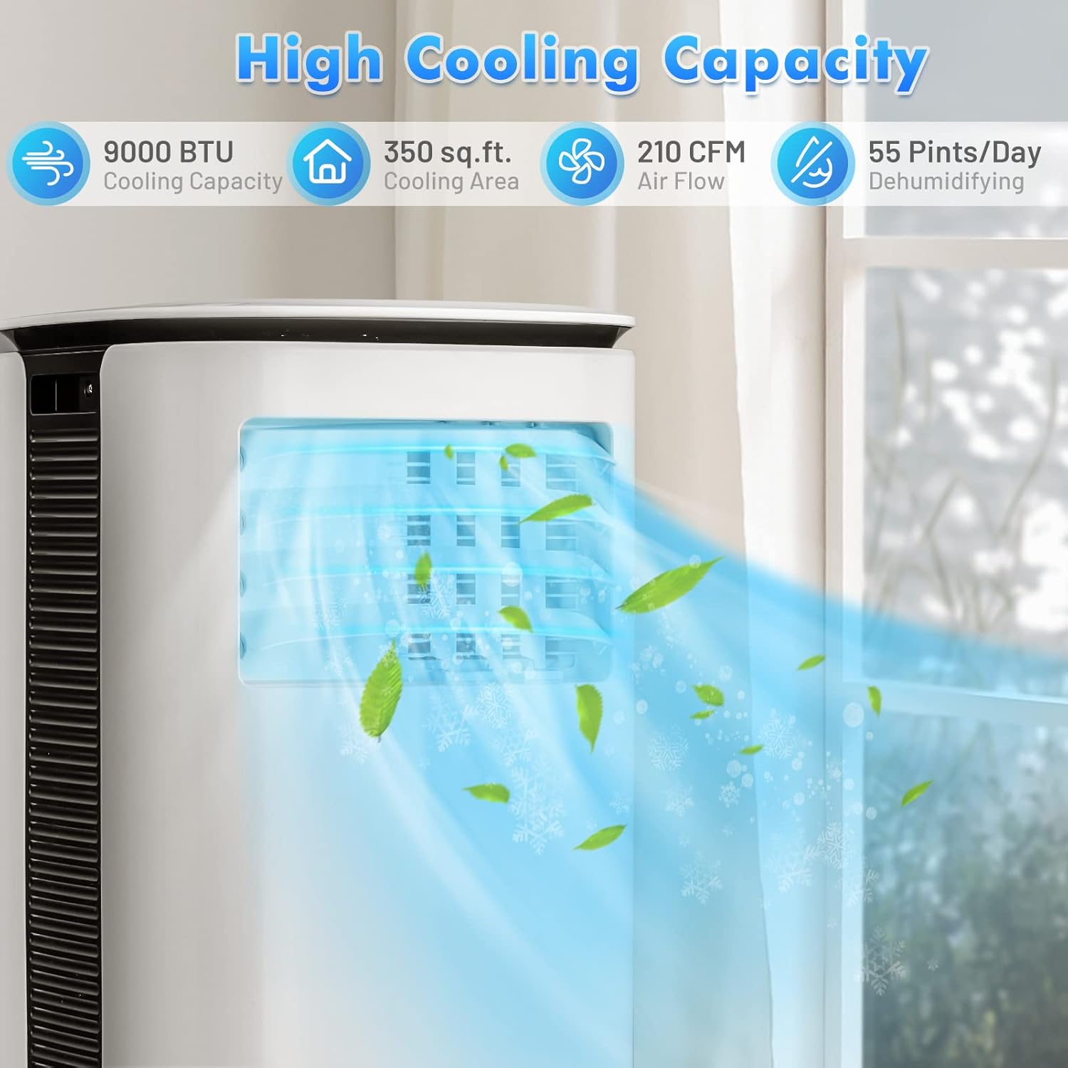 HOMGX 3-in-1 Portable Air Conditioner, 9000BTU Cooling Power, Sleep Mode, 24H Timer, AC Cooling Unit with Touch & Remote Control, Cool Rooms up to 350 sq. ft