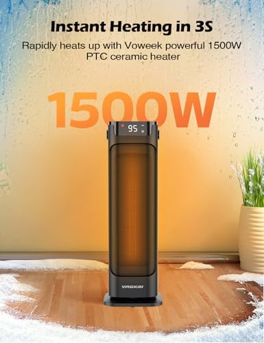 VAGKRI 24-Inch Oscillating Ceramic Tower Space Heater for Home with Remote Control, Adjustable Thermostat, Timer, Overheat, Rollover Protection, and Portable Design for Bedrooms, Offices 1500W Black