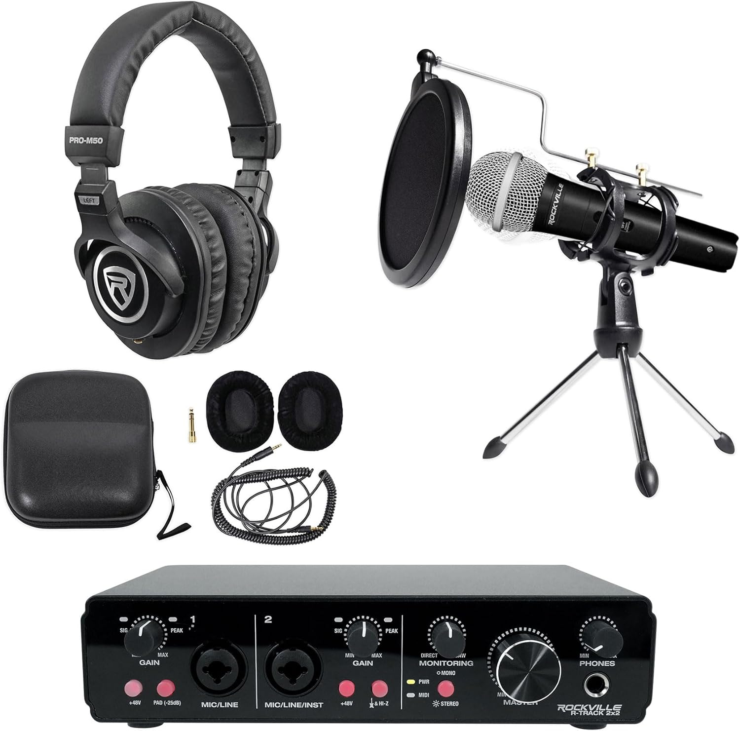 Rockville Podcasting Bundle: R-TRACK 2x2 USB Recording Interface 24-Bit 192kHz, RMC-XLR Dynamic Microphone, PRO-M50 Studio Headphones, RTMS21 Desktop Stand Pop Filter, 4-items
