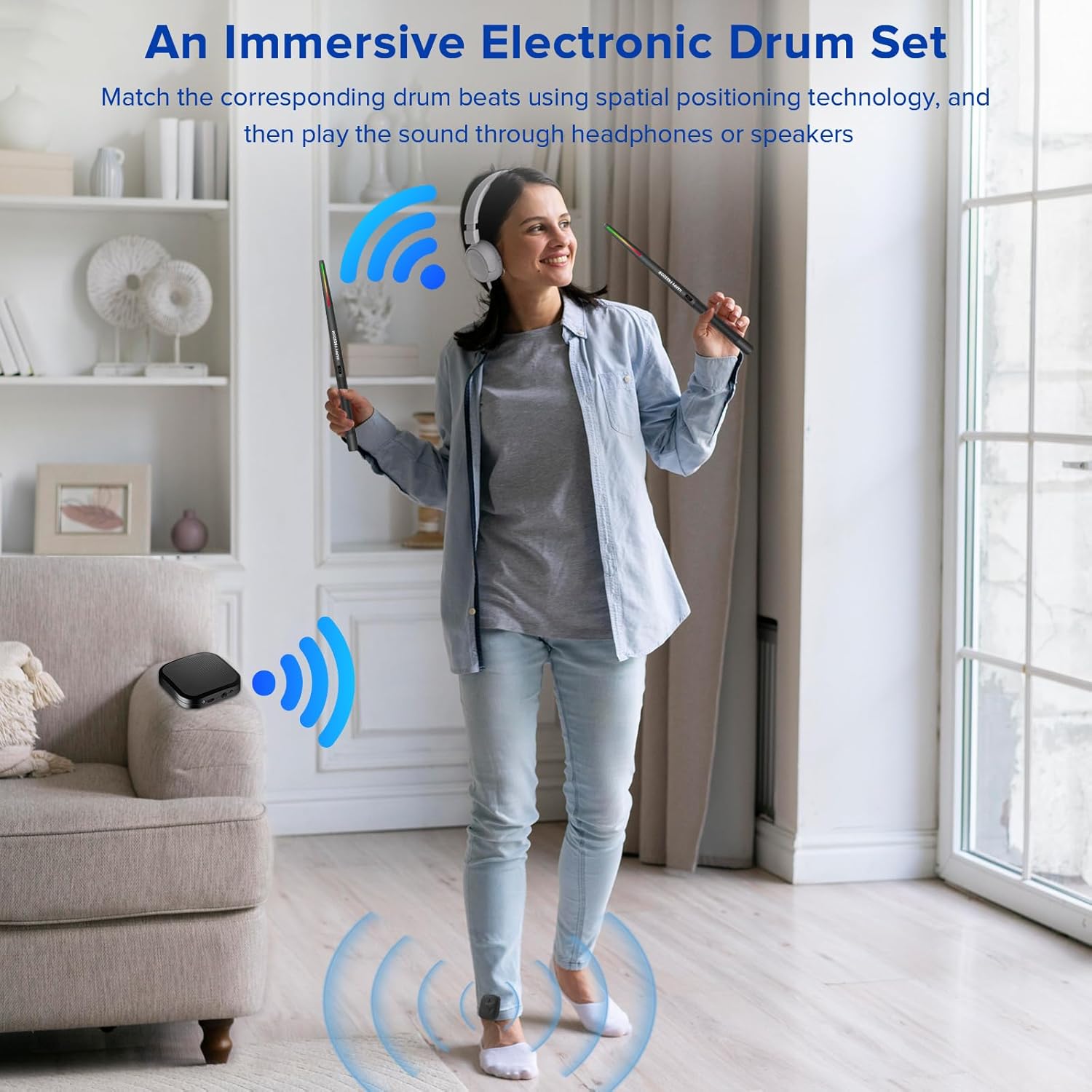 Air Drumsticks, Portable Practice Drum Kit Electric Drum Set with 8 Sounds, 3D Motion Sensing RGB for Home & Party Adults, Kids, Christmas Gifts