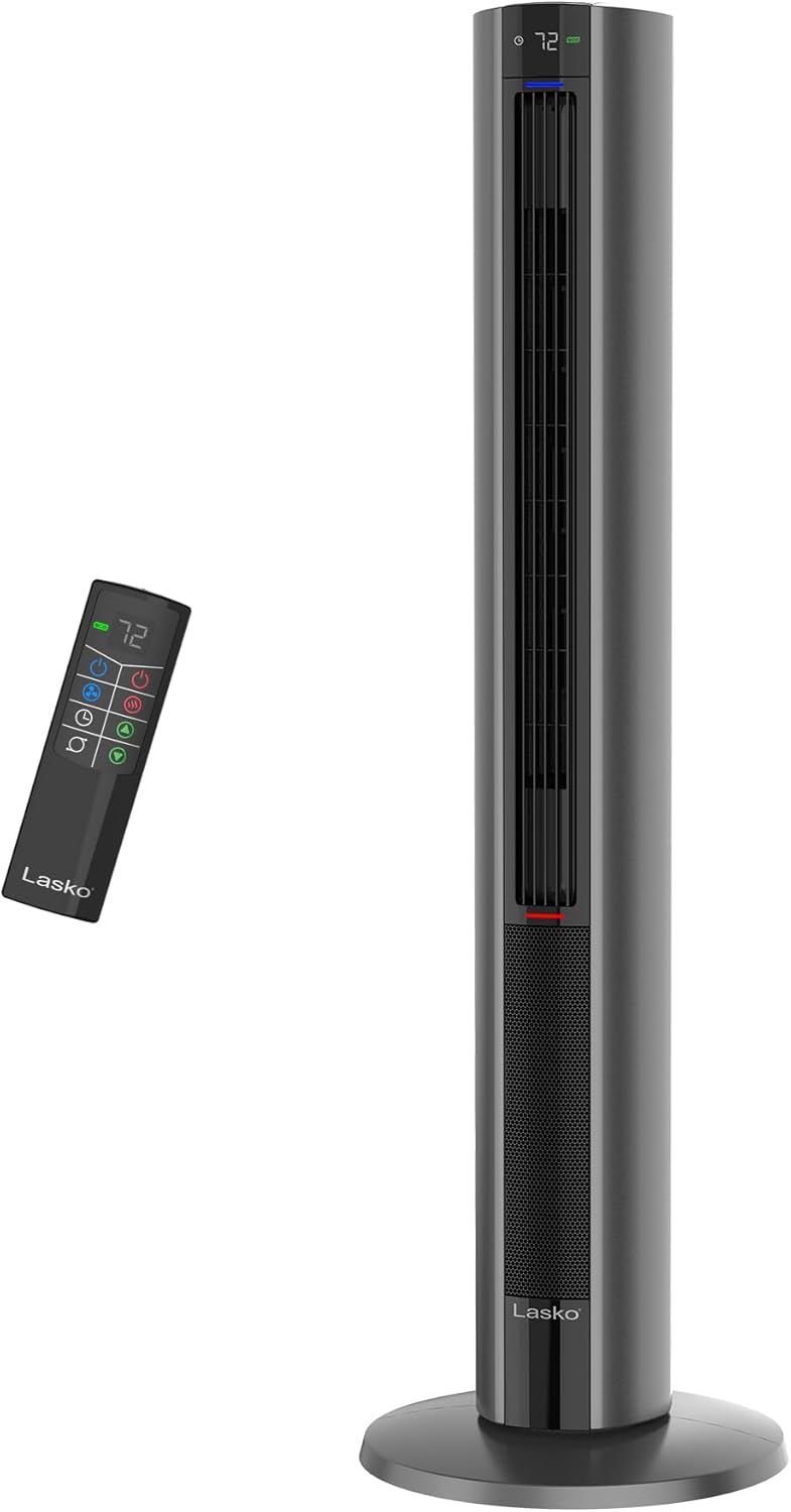 Lasko Oscillating All Season Tower Fan and Space Heater in One for Home with Adjustable Thermostat, Overheat Protection, 4 Fan Speeds, 3 Heat Settings and Remote, 42 Inches, 1500W, Gray, FH515