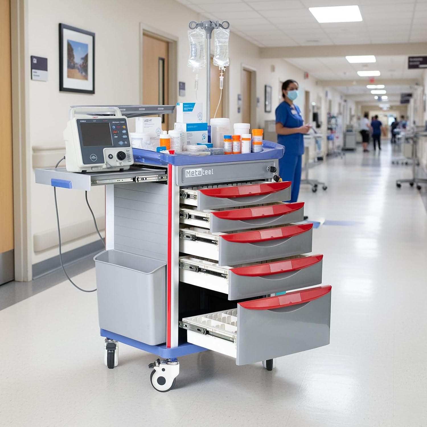 Medical Crash Cart with Emergency Accessory - Cardiac Board, IV Pole, O2 Holder, Power Strip, Trash Bin, Drawers with Dividers, Lite Emergency Hospital Crash Cart for Hospitals and Clinics