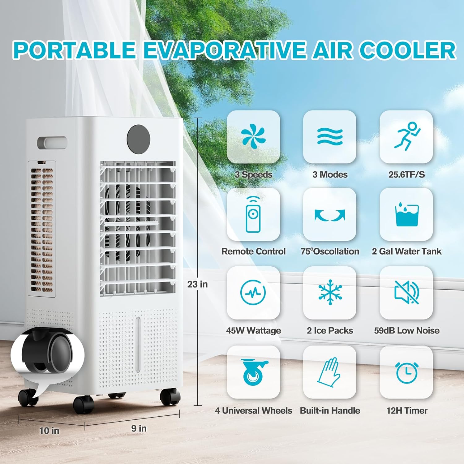Windowless Portable Air Conditioner, 12H Timer & 2-Gal Tank, 3-IN-1 Portable AC Unit with Remote, 75°Oscillation, 3 Modes & 3 Speeds, Ultra-Quiet 24