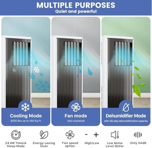 8000 BTU Portable Air Conditioners - 3 in-1 Cooling Unit with Dehumidifier, Fan & AC Modes - Ac Units Cools with 24-Hour Timer, Remote Control & Window Kit Included