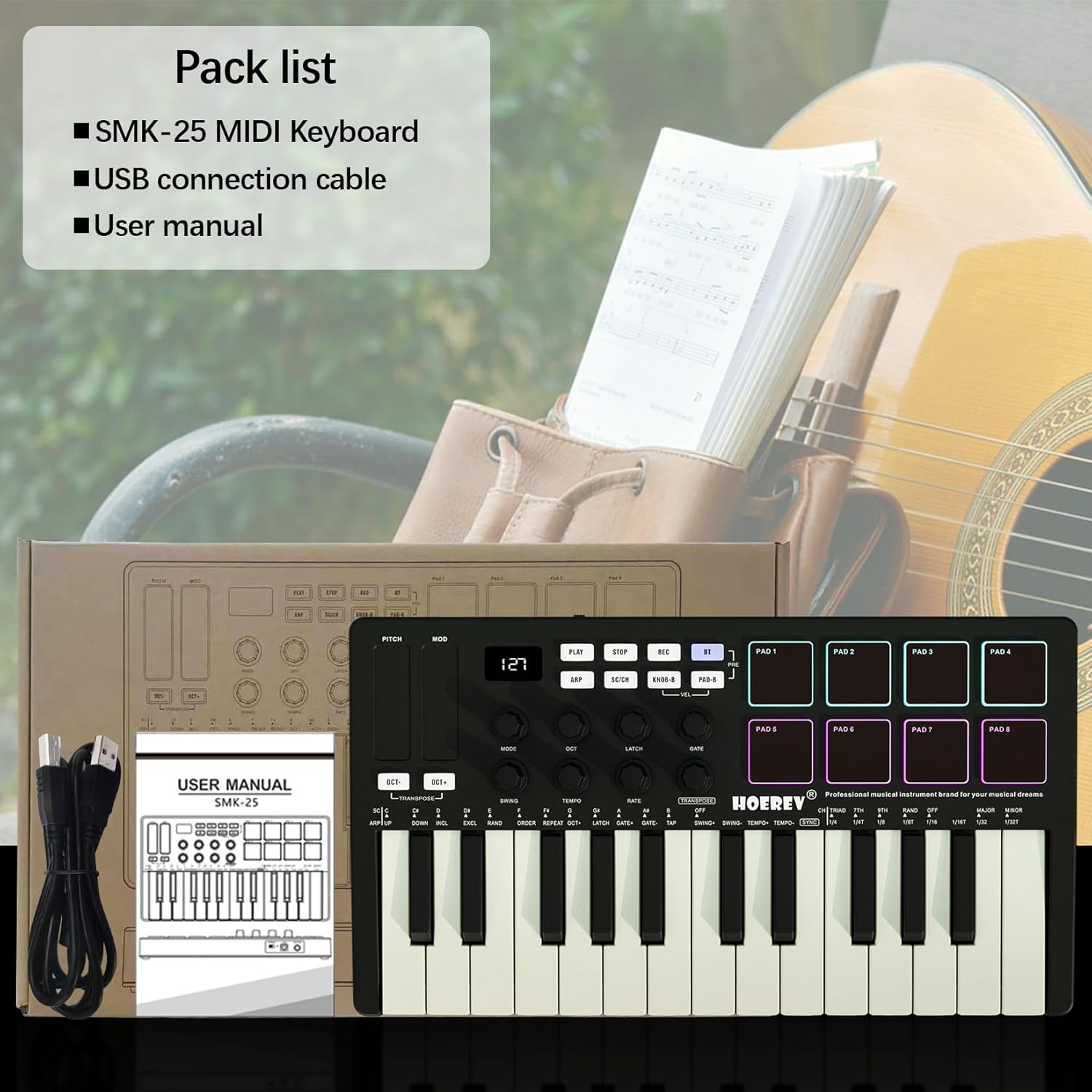 HOEREV MIDI Keyboard Controller With 8 Backlit Drum Pads, Wireless Semi Weighted Professional dynamic Keybed 8 Knobs 25 Keys USB With Lithium Battery,Black