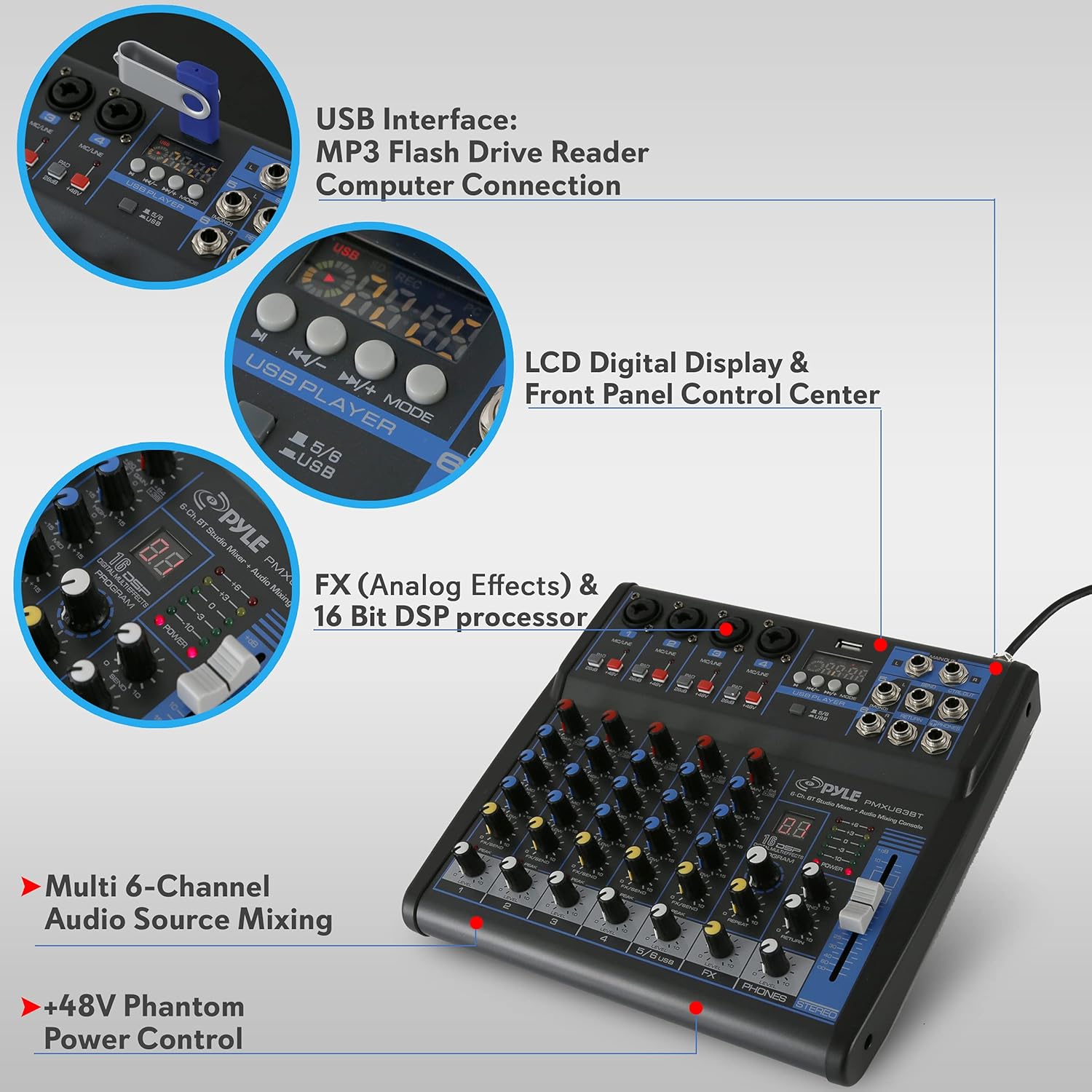 Pyle 6-Channel Professional Audio Mixer - USB - Bluetooth - 48V Phantom Power - Digital MP3 Input - FX 16-Bit DSP - Desk System Interface - PMXU63BT