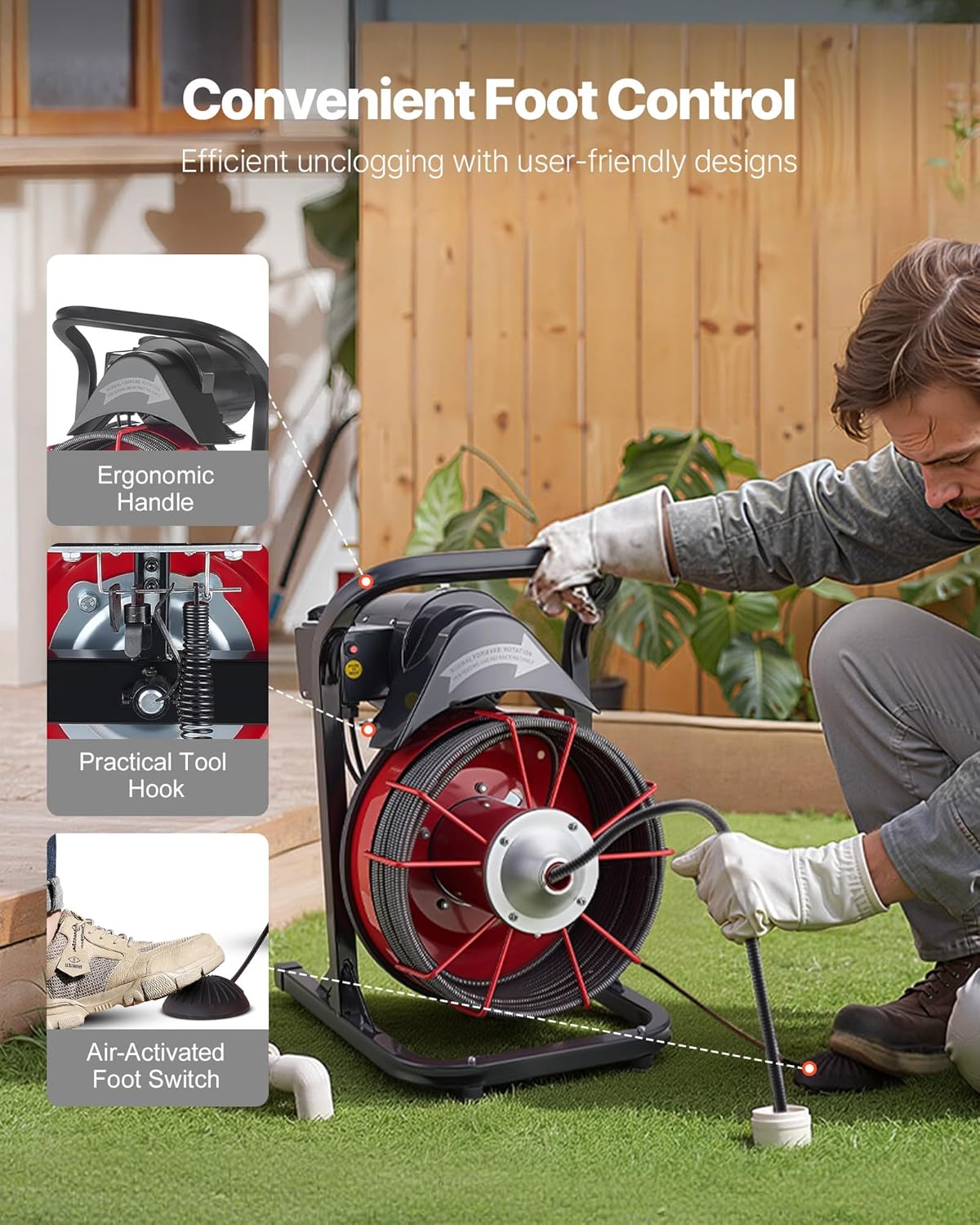 VEVOR Drain Cleaner Machine 75 FT x 1/2 Inch, Sewer Snake Auger Manual Feed with 4 Cutters & Air-activated Foot Switch for 2