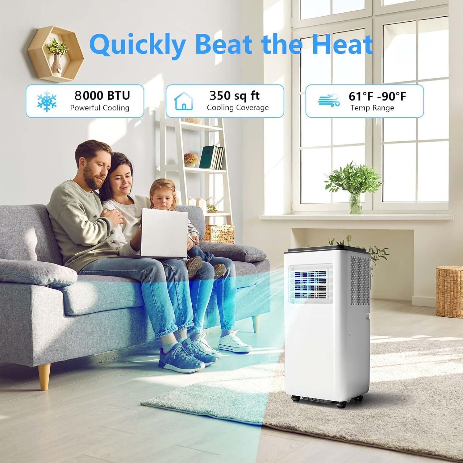 8000 BTU Portable Air Conditioner, 3-In-1 Cool, Fan, Dehumidify Modes, Cools up to 350 sq.ft, Quiet AC Unit with LED Display, with Remote Control, 24 Hour Timer for Room, Dorm, Office