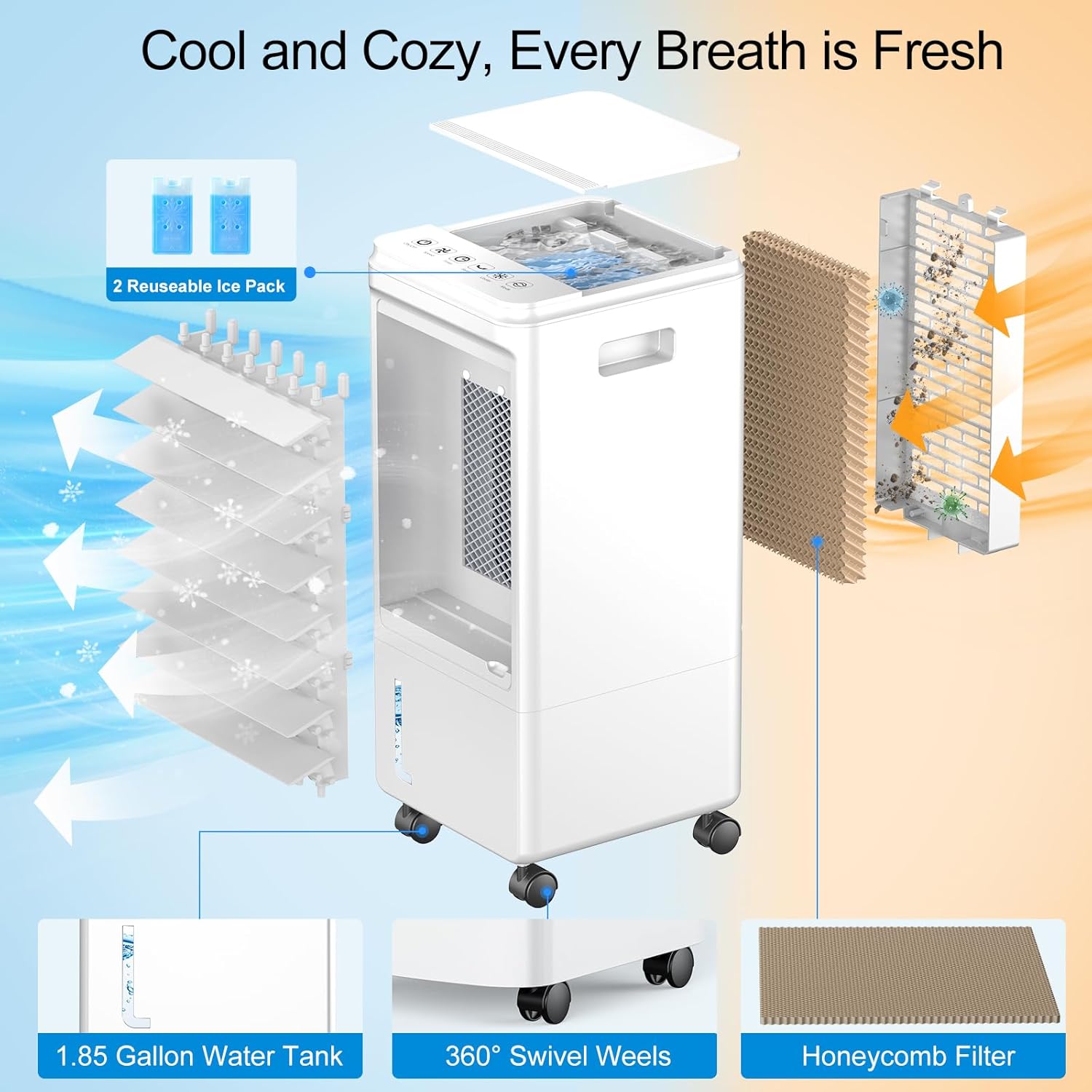 Portable Air Conditioners, 3-IN-1 Evaporative Air Cooler, Swamp Coolers w/ 2 Ice Pack, 1.85 Gal Water Tank, 4 Modes, 80° Oscillation, 7H Timer, Portable Ac for Bedroom, Room, Indoor White
