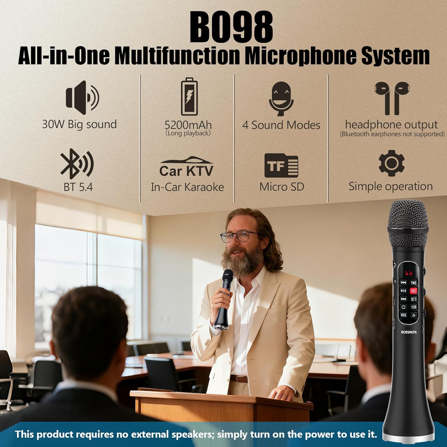 Karaoke Microphone Wireless Bluetooth,Handheld Voice Amplifier,Portable Mic with Speaker 30W High Power DSP Chip Smart Noise Reduction for Car/Indoor/Outdoor Speaking Teaching Singing